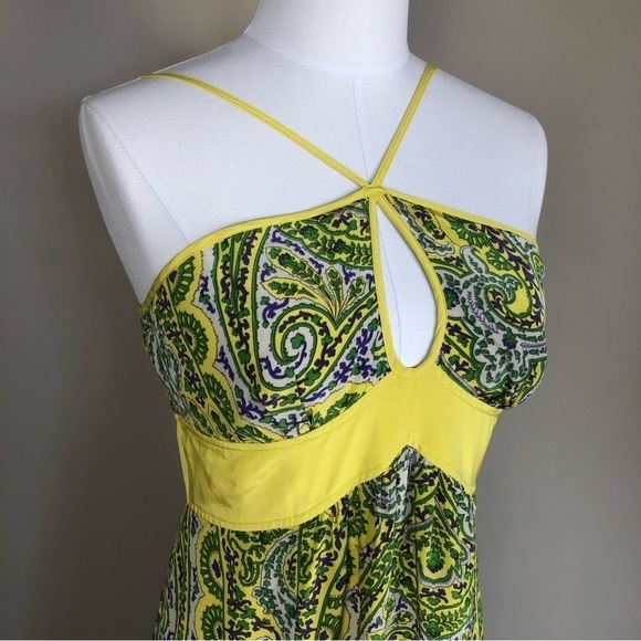 Anthropology Plenty by Tracy Reese yellow green silk maxi dress key hole halter - Picture 4 of 10